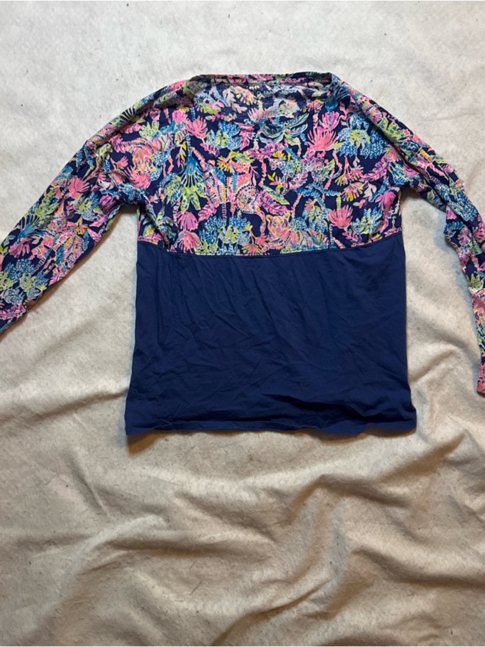 Lilly Pulitzer Girls Navy Blue Long Sleeve Top with Multicolor Floral Yoke